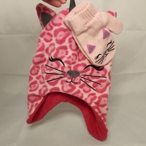 Youth Girls Pink Cheetah Print Cat Winter Hat and Mittens